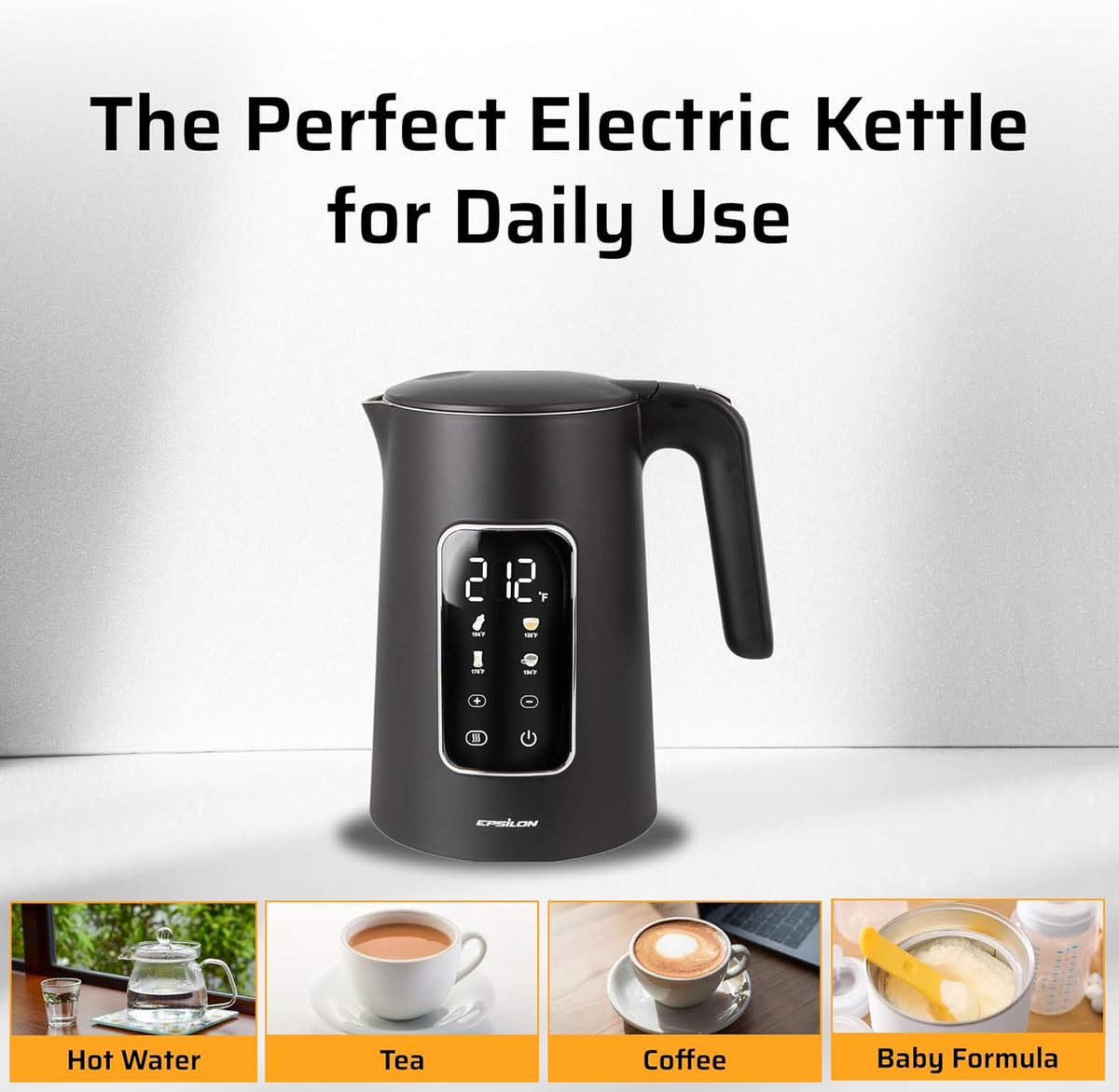 Epsilon LCD Electric Kettle 1500W - 1.7L Hot Water Tea Kettle with Digital Display, Temperature Control, Fast Boil, BPA-Free Electric Teapot with Auto Shut-Off & Boil Dry Protection