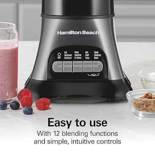 Hamilton Beach Blender and Food Processor Combo for Shakes & Smoothies, With 3 Cup Electric Food Chopper Attachment, 40 oz Glass Jar, Blender Travel Cup, 700 Watts Peak Power, Gray & Black (58163)