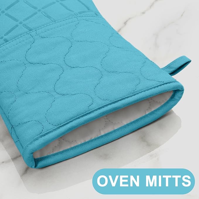 Oven Mitts Kitchen Towels and Dishcloths Pot Holders Sets, Oven Gloves Kitchen Dish Towels 500 Degree Heat Resistant Potholders with Non-Slip Silicone Surface for Cooking, Grilling, Baking-Blue