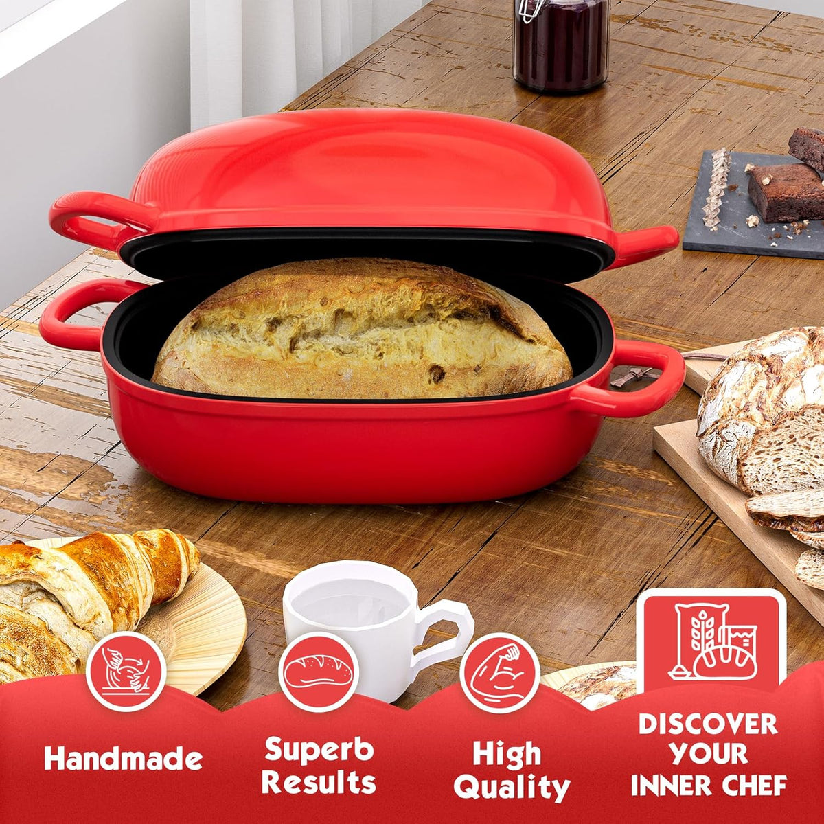 Dutch Oven for Bread Baking - 2.5QT Bread Pans for Homemade Bread Cast Iron Bread Pan Dutch Oven Loaf Pan with Lid and Loop Handles for Homemade Breadmaking, Red