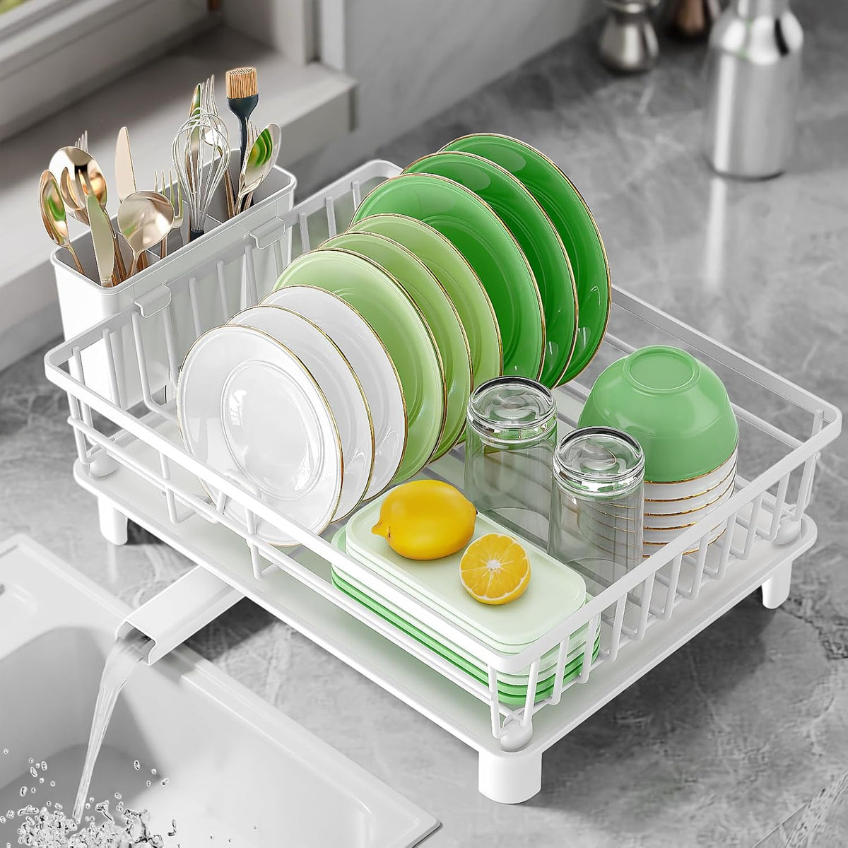 Dish Drying Rack for Kitchen Counter, Stainless Steel Drainer Anti Rust, Smart Drainage System Drainboard with Detachable Cutlery Holder, Handwash Dish Helper for Home, Apartment Space Saving