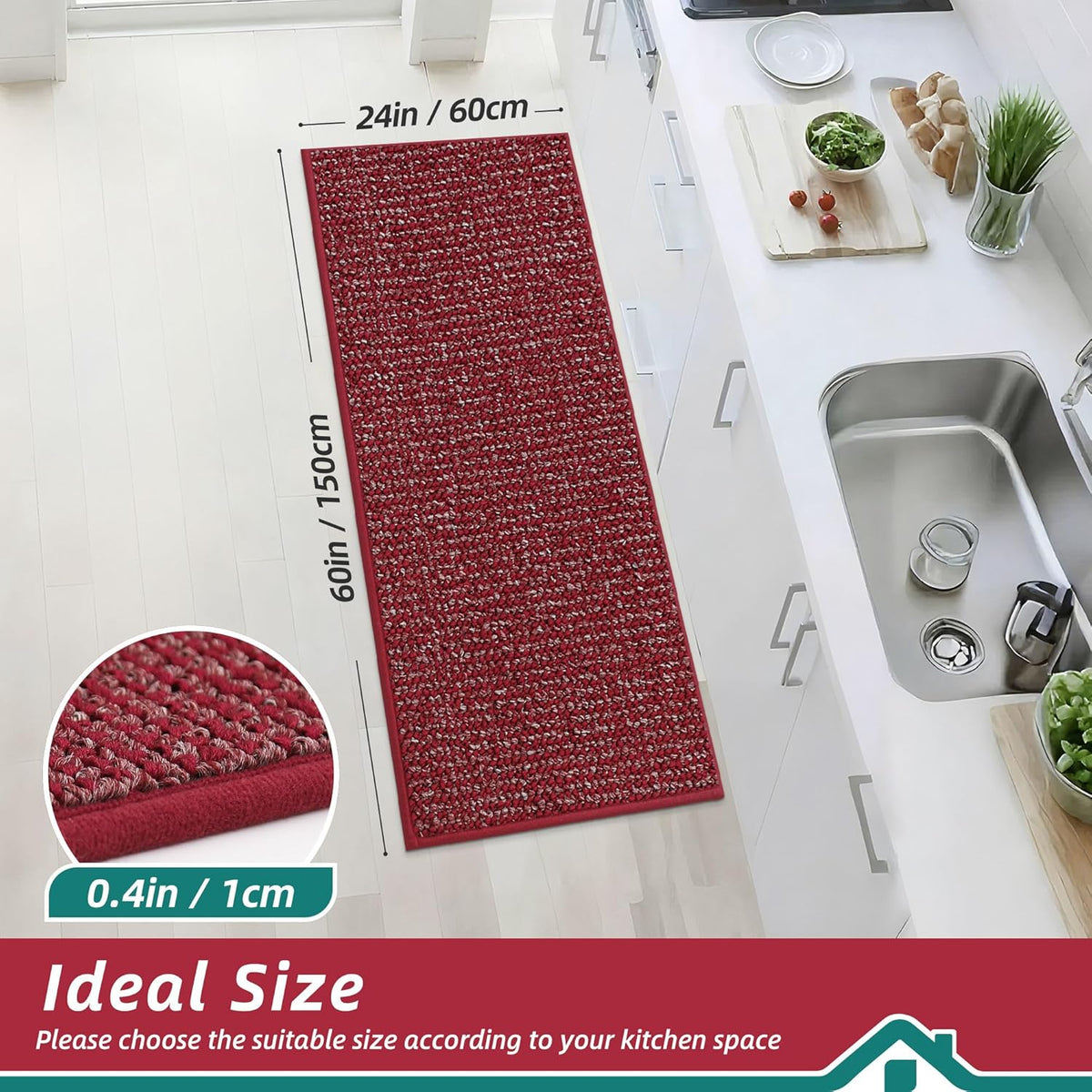 BEQHAUSE Kitchen Runner Rugs 24"x60", Non-Slip Kitchen Mats for Floor, Super Absorbent and Stain Resistant Kitchen Rug, Machine Washable Rugs for Kitchen, Hallway, Laundry & Sink, Red