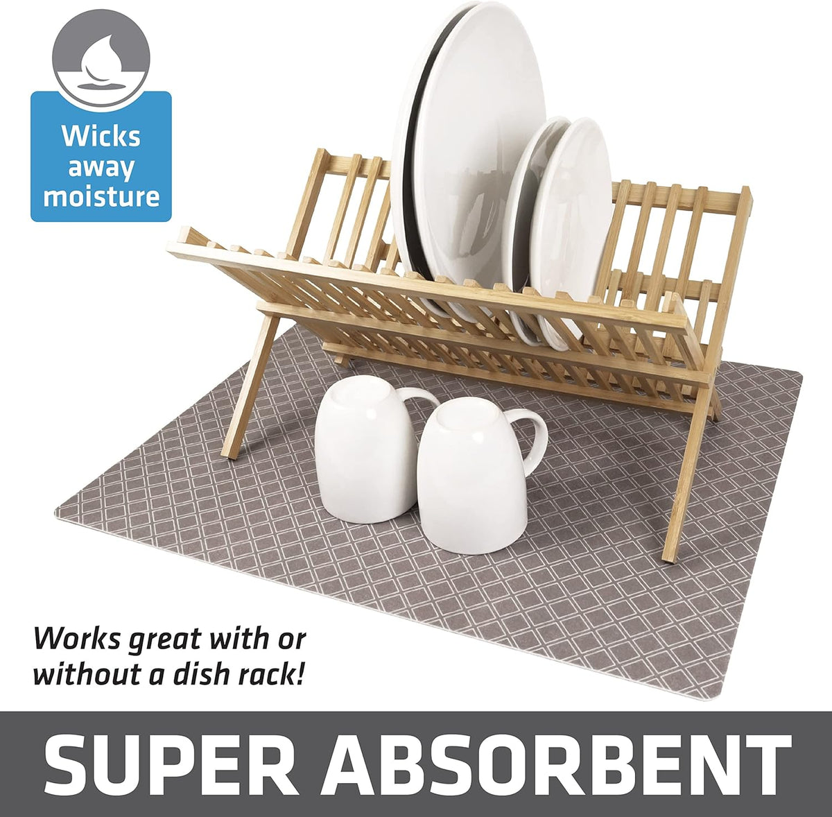 Drymate XL Dish Drying Mat, Oversized (19”x24”), Low-Profile, Super Absorbent, Quick Dry Fabric, Waterproof & Slip-Resistant, for Kitchen Counter, Trimmable, Easy to Clean (USA Made)(Taupe)