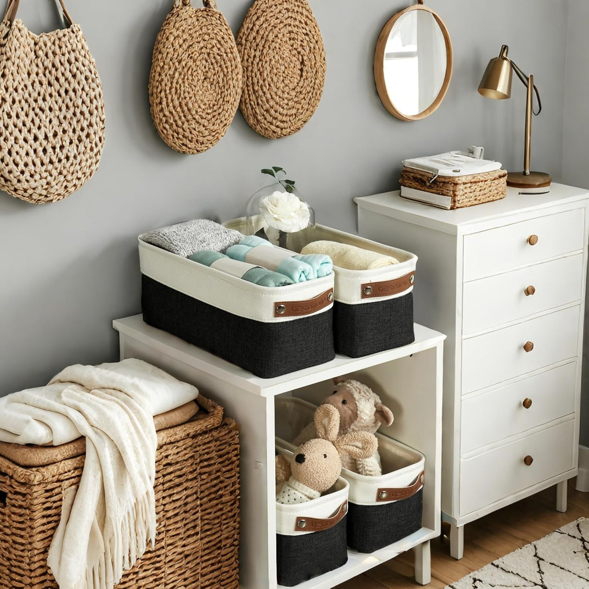 DECOMOMO Narrow Storage Bins Small Baskets for Organizing Bathroom, Toilet Tank, Towel Storage, Entryway, Gifts (Black and White - Set of 4)