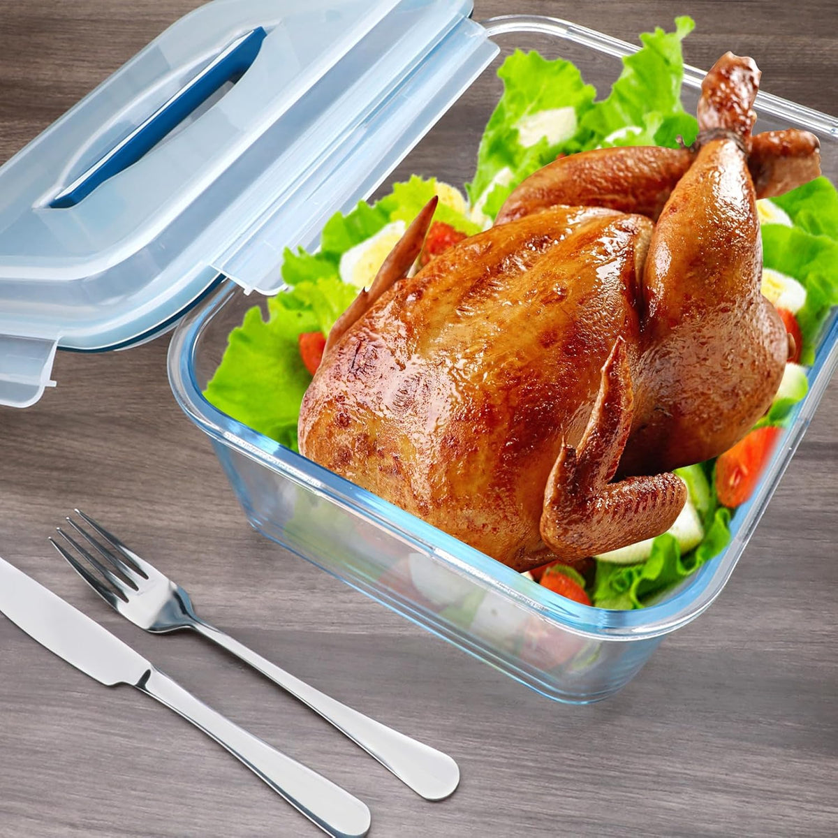 Large Glass Food Storage Container with Airtight Locking Lid ,Glass Food Storage Containers with Knife and Fork, 5600 ML / 189 oz /23 Cup - Storing Rotisserie Chicken, Food, Vegetables, Fruit