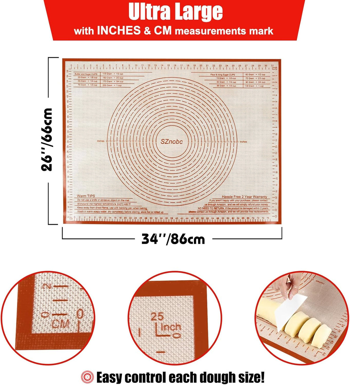 Non-slip Silicone Pastry Mat 36''By 24'' Nonstick Baking Mats Extra Large Counter Mat for Dough Rolling, Pastry, Pie Crust, Fondant, Cookies, Bread, Pasta, Pizza Mat