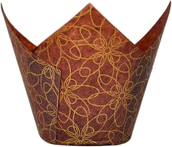 (JUMBO Large size) Brown Golden pattern Tulip Baking Cups 2-1/4"(Base diameter) x 3-3/4"(Wall height) Greaseproof paper Muffin liners, Case of 130 pcs