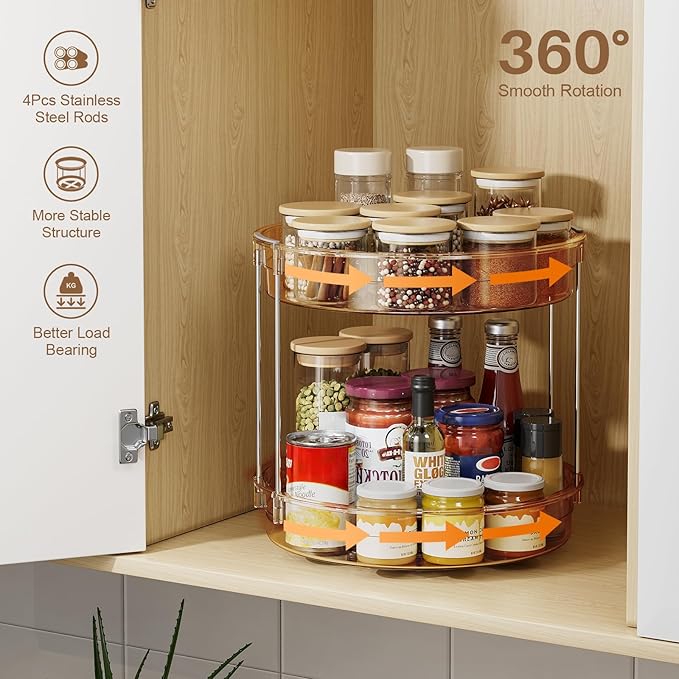 LAMU 2 Pack 2 Tier Lazy Susan Turntable Organizer 12'' Rotating Spice Rack Organization for Cabinet, Kitchen, Pantry, Countertop, Bathroom, Vanity, Medicine Cabinet Organizer, Amber