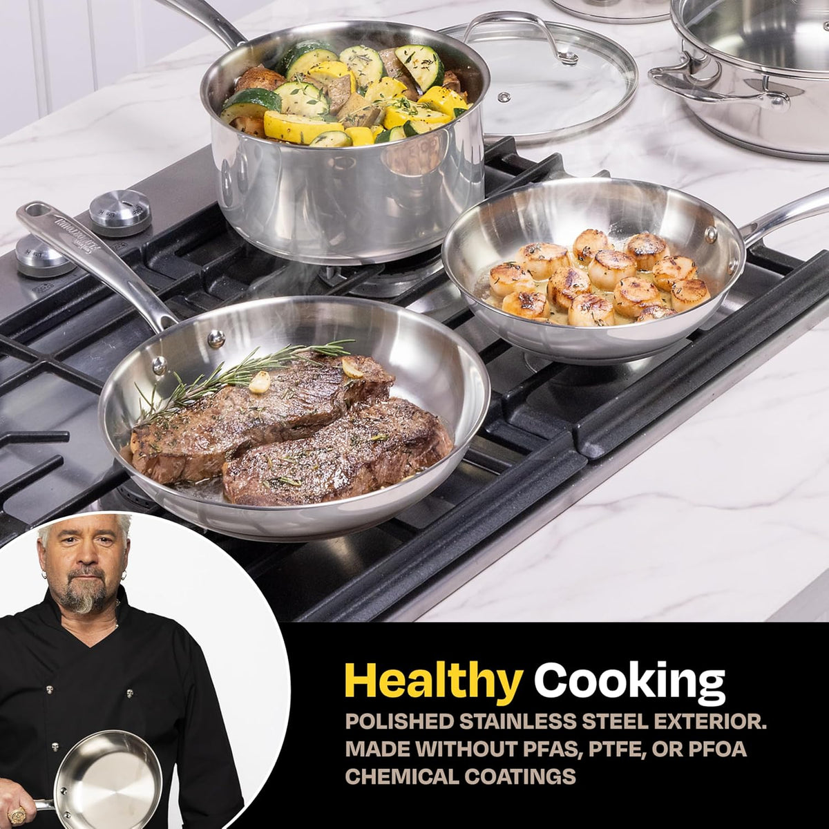 Guy Fieri's Flavortown 10-Piece Stainless Steel Cookware Set - Includes Frying Pans, Saucepans, Saute Pan and Stock Pot - Pots and Pans, Oven-Safe up to 500F