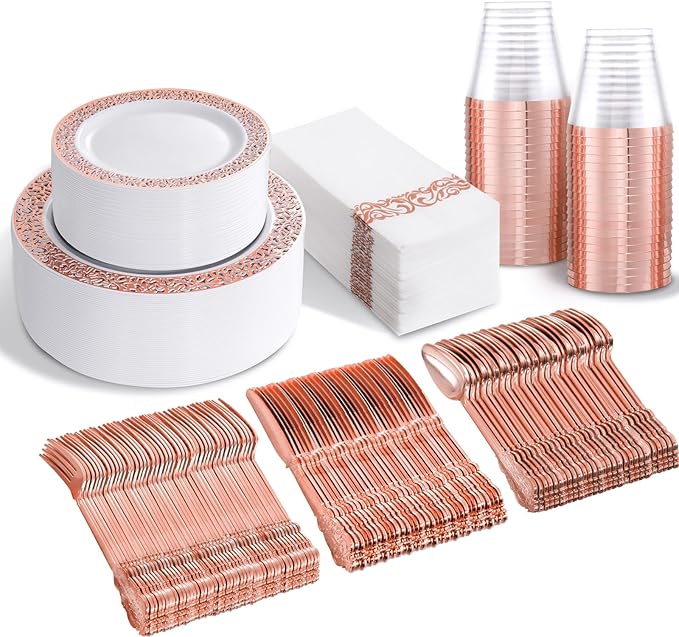 bUCLA 350PCS Rose Gold Plastic Plates With Disposable Silverware & Napkins - Rose Gold Rim Plastic Dinnerware Set Lace Design for Wedding, Party & Mother’s Day