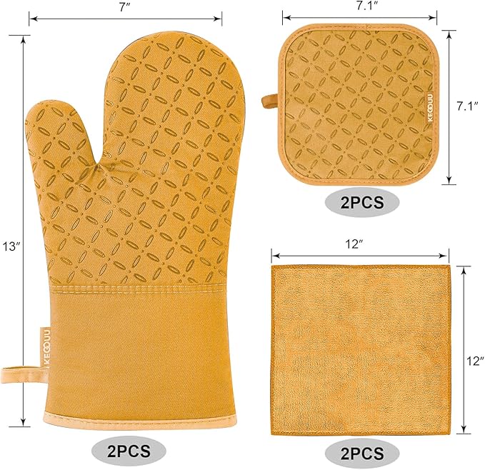 KEGOUU Oven Mitts and Pot Holders 6pcs Set, Kitchen Oven Glove High Heat Resistant 500 Degree Extra Long Oven Mitts and Potholder with Non-Slip Silicone Surface for Cooking （Orange）