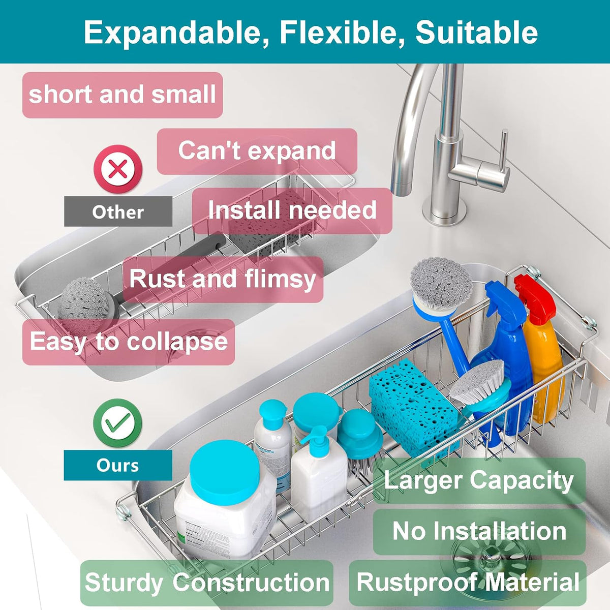 Over The Kitchen Sink Caddy Sponge Holder Organizer Drying Rack Expandable for Sponge Brush Soap Dish Cloth Rag 14.5" to 22", Stainless Steel