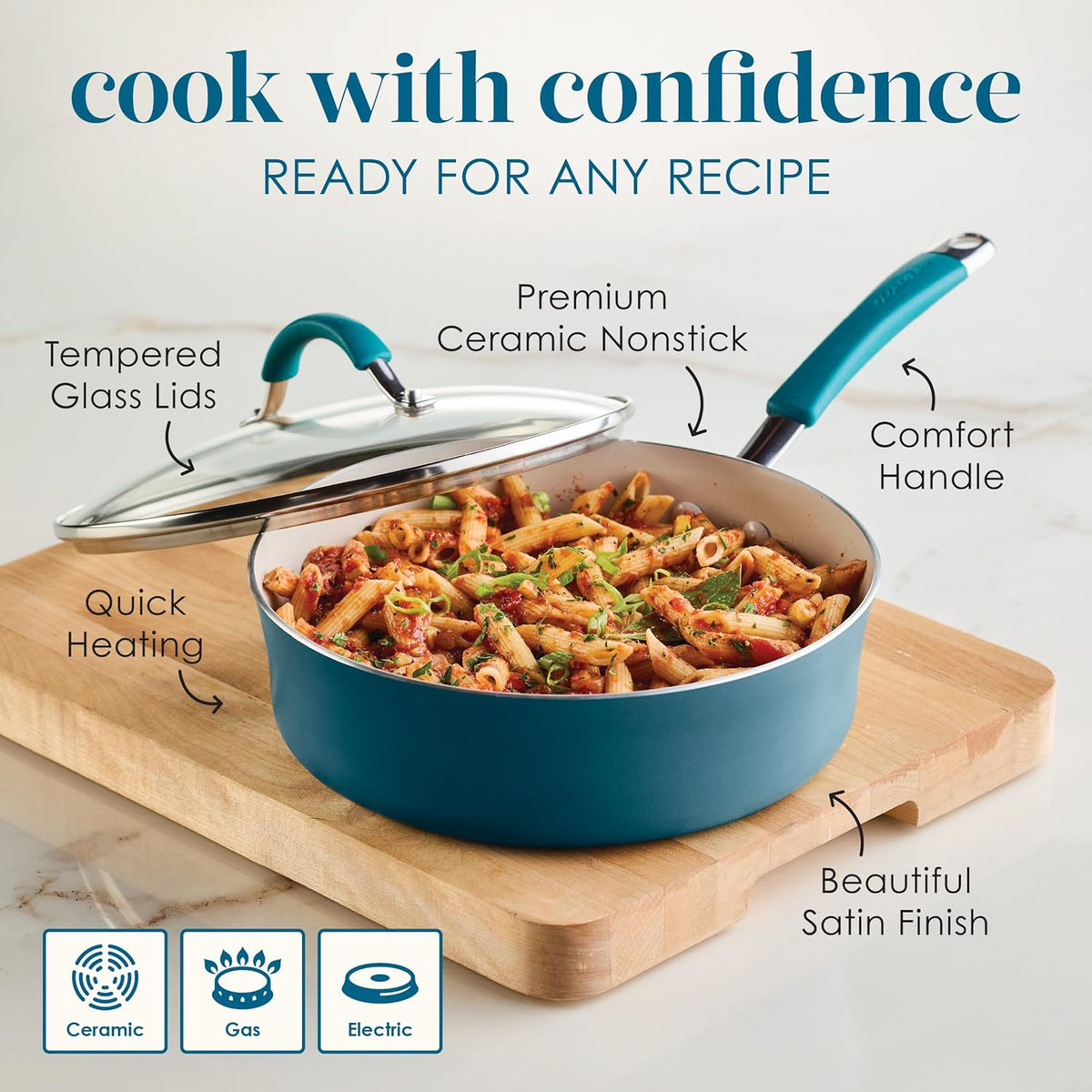 Rachael Ray Cucina Ceramic Nonstick Saute Pan with Lid, 3 Quart Non Stick Sauteuse Pan, Dishwasher Safe - Marine Blue