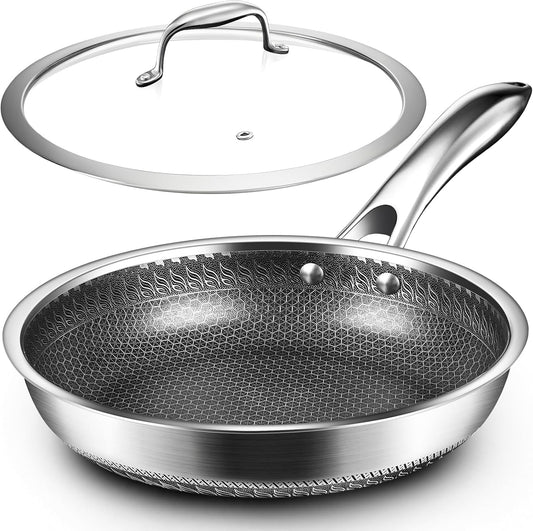 MDHAND 10 Inch Nonstick Frying Pan with Tempered Glass Lid, Premium Stainless Steel Skillet with Stay-Cool Handle, Dishwasher-Friendly, Oven-Safe, Induction Ready, Compatible with All Cooktops
