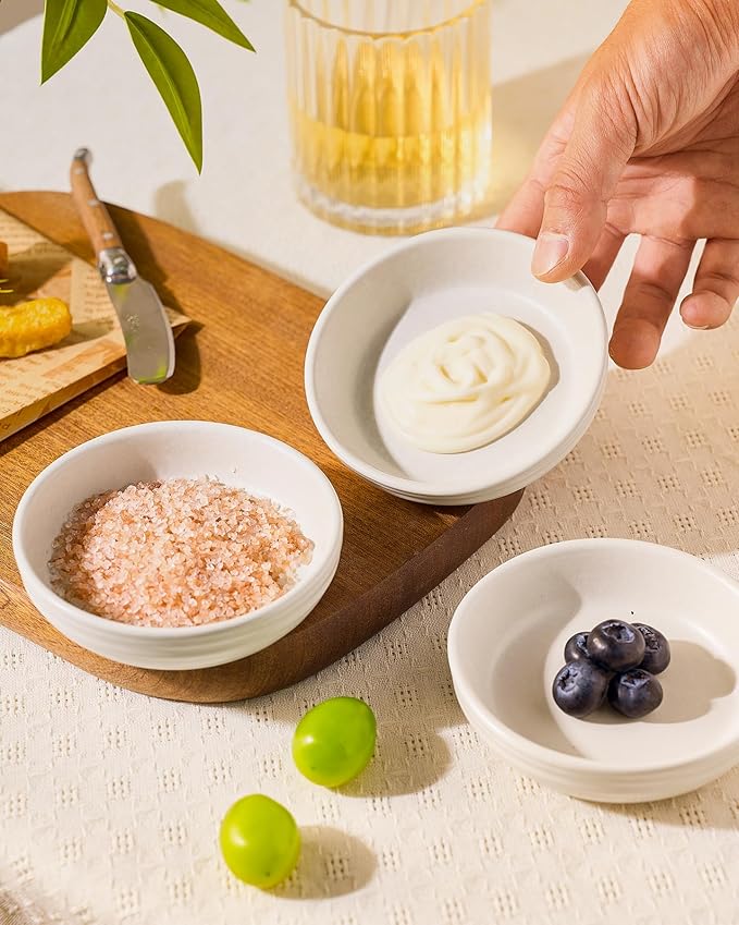 famiware Pluto Soy Sauce Dishes of 6, 3 oz Dipping Sauce Cups/Bowls/Dishes for Kitchen, Ceramic Small Bowls for Side Dish, Appetizers, Snacks, and Sushi, Reactive Glaze, Matte White