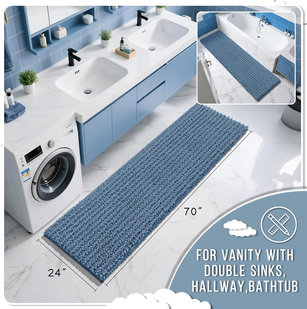 Yimobra Bathroom Runner Rug 70x24 Inch - Extra Long Non Slip Chenille Bath Mat, Soft & Absorbent, Machine Washable Shaggy Hallway Carpet for Vanity Tub Shower, Denim Blue Home Decor Accessories