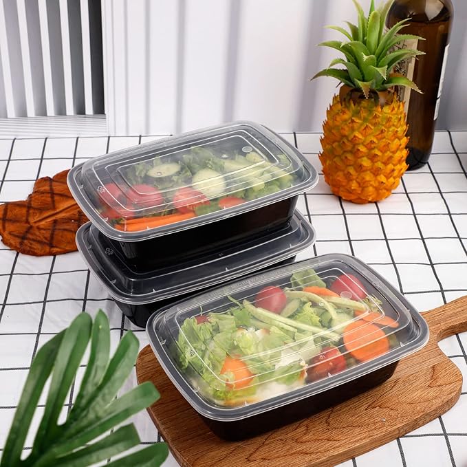 LIYH 100 Pack (200 Pcs) 32 oz Meal Prep Containers Food Storage Containers Black 1 Compartment Food Containers with Lids Lunch Boxes Plastic Bento Box Reusable Microwaveable Dishwasher Safe