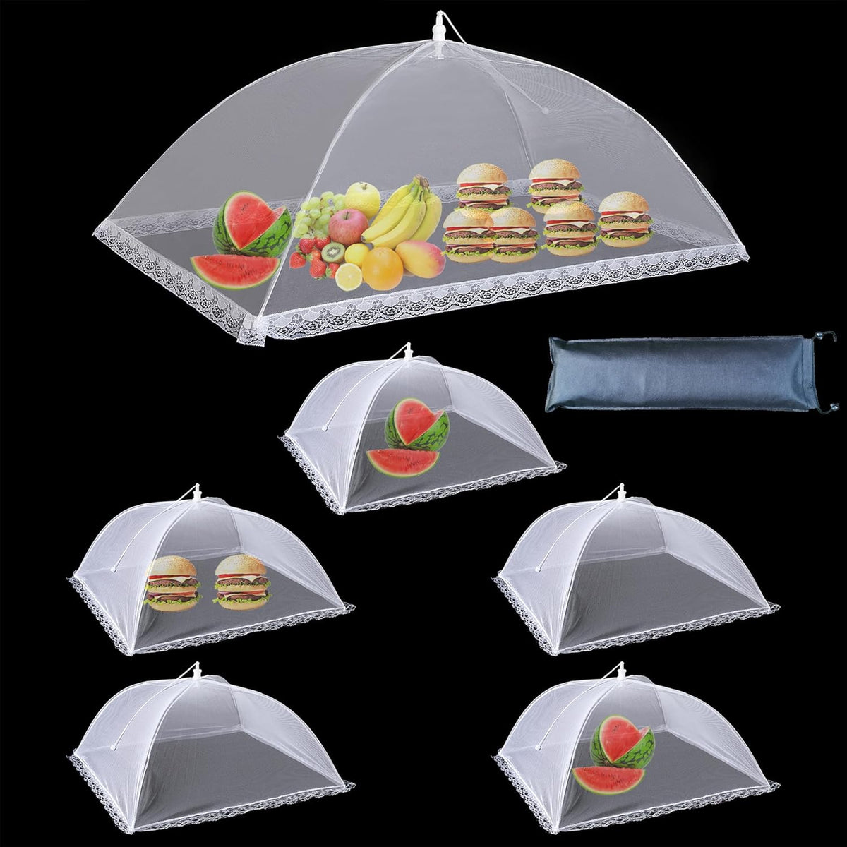 Mesh Food Covers for Outdoors,1 Pack 40"X24" Extra Large Food Net + 5 Pack 17"X17 Large Pop Up Mesh Food Tent Umbrella Food Covers for Outside Picnic Party BBQ Supplies