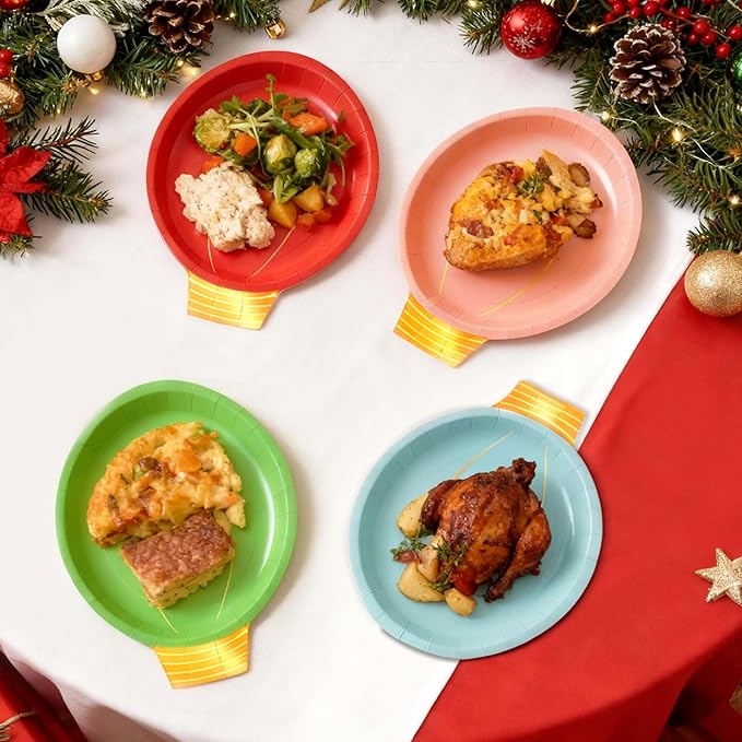 OuMuaMua 100Pcs Christmas Paper Plates Disposable, Heavy Duty Christmas Light Bulb Design Party Supplies Serve 50, Fancy Disposable Dinnerware Set with Gold Foil for Holiday Home Xmas Party Decor