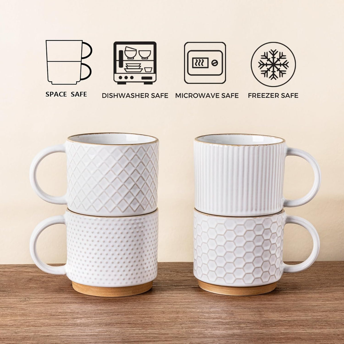 GBHOME 15OZ Stackable Coffee Mugs, Ceramic Coffee Mugs with Texture Patterns for Man,Woman,Dad,Mom, Modern Coffee Mugs Set of 4 for Latte/Cappuccino/Cocoa. Dishwasher&Microwave Safe, Off White