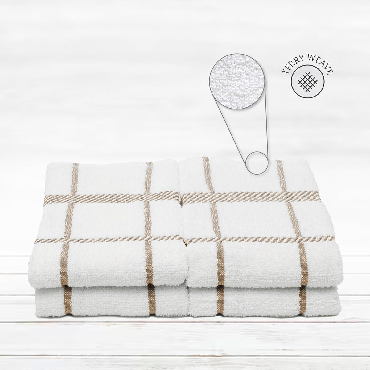 100% Cotton Terry Dish Towels, 4 Pack Checks, 16 x26 Inches, Super Soft and Absorbent Kitchen Towels, Perfect for Kitchen Cleaning and Dish Washing | Tan