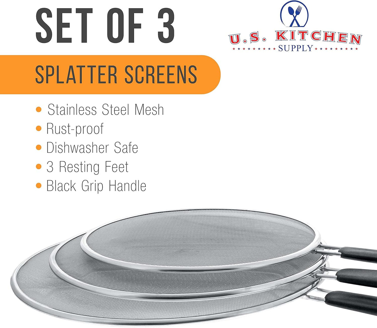 U.S. Kitchen Supply 3-Piece Stainless Steel Splatter Guard Set (13", 11.5", 9.5") Fine Mesh Cover, Grease & Oil, Splatter Screen for Frying Pan, Cooking Pots, with Resting Feet & Comfort Grip Handles