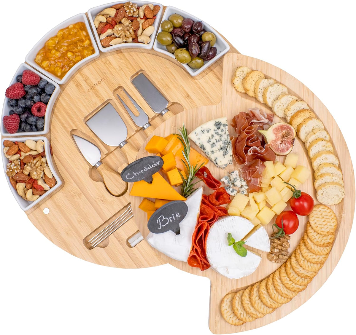 Charcuterie Cheese Board and Platter Set - Made from Bamboo Wood - US Patented 16 inch Cheese Cutting Board and Knife for Entertaining and Serving - 4 Knives - 5 Bowls - 2 Cheese Markers - 4 Forks