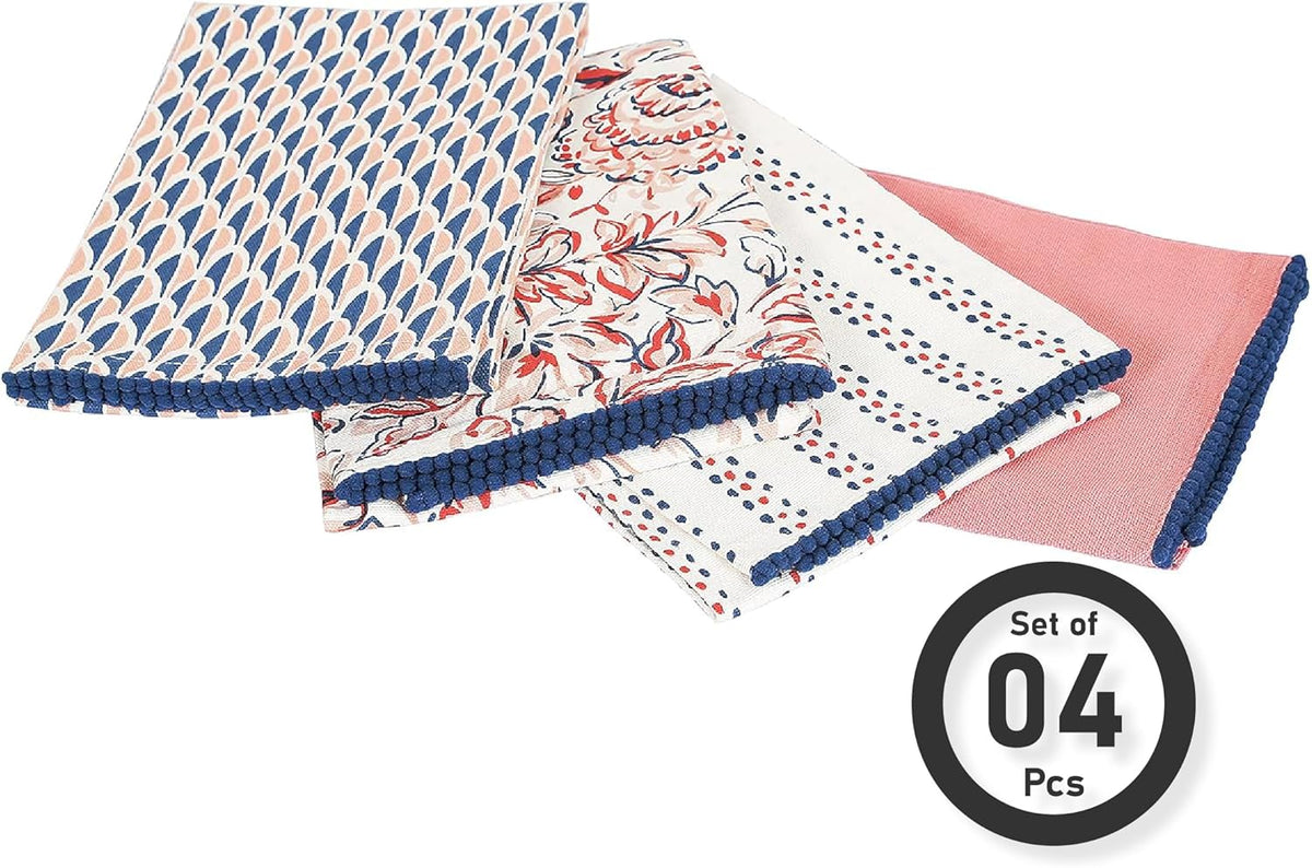 Printed Kitchen Dish Bar and Tea Towels Cotton, 18x28 inch with Trims, Cotton Dish Towel Sets (White & Peach, Set of 4)