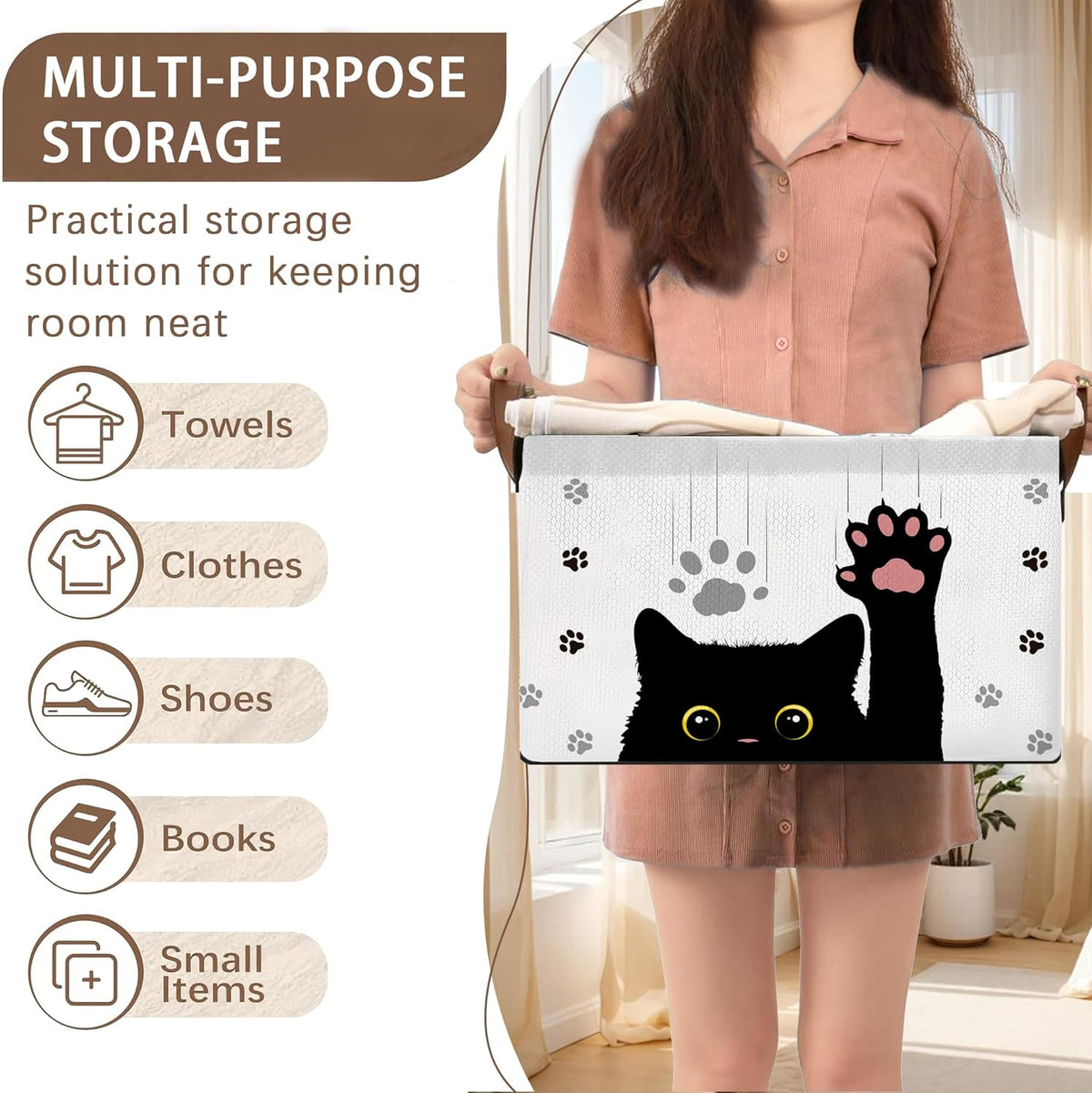 Black Cat Storage Basket Large 17x11.5x10.5 Inche-Collapsible Fabric Organizer Bin with Handles for Halloween Decor, Pet Lovers,Gothic Theme-Decorative Hamper with Minimalist Feline Design-Single Pack
