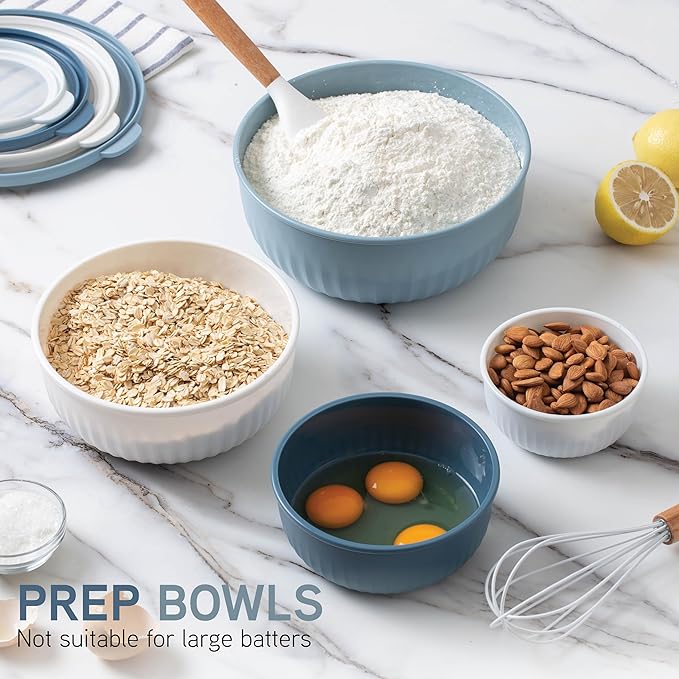 COOK WITH COLOR Prep Bowls with Lids- Wide and Deep Nesting Plastic Small Mixing Bowl Set with Lids, 8 Piece Set - Wide Bowls, Blue/Grey