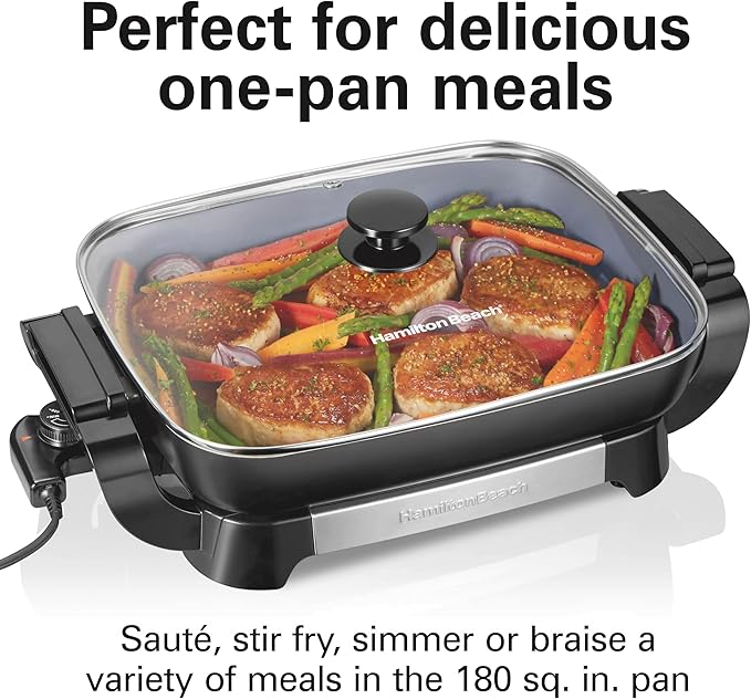 Hamilton Beach Electric Skillet with PFAS-Free Durathon Ceramic Coating, Removable 12x15” Pan, Adjustable Temperature, Reversible Design, Tempered Glass Lid, Black Nonstick Surface (38531)