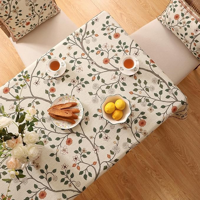 ISAENNE Designer Floral Table Cloth for Rectangle Table,French Linen Light Beige Indoor Tablecloth,Fall Wrinkle Resistant Decor Tablecloths for Dining Thanksgiving Kitchen,55"*79"-Flora A