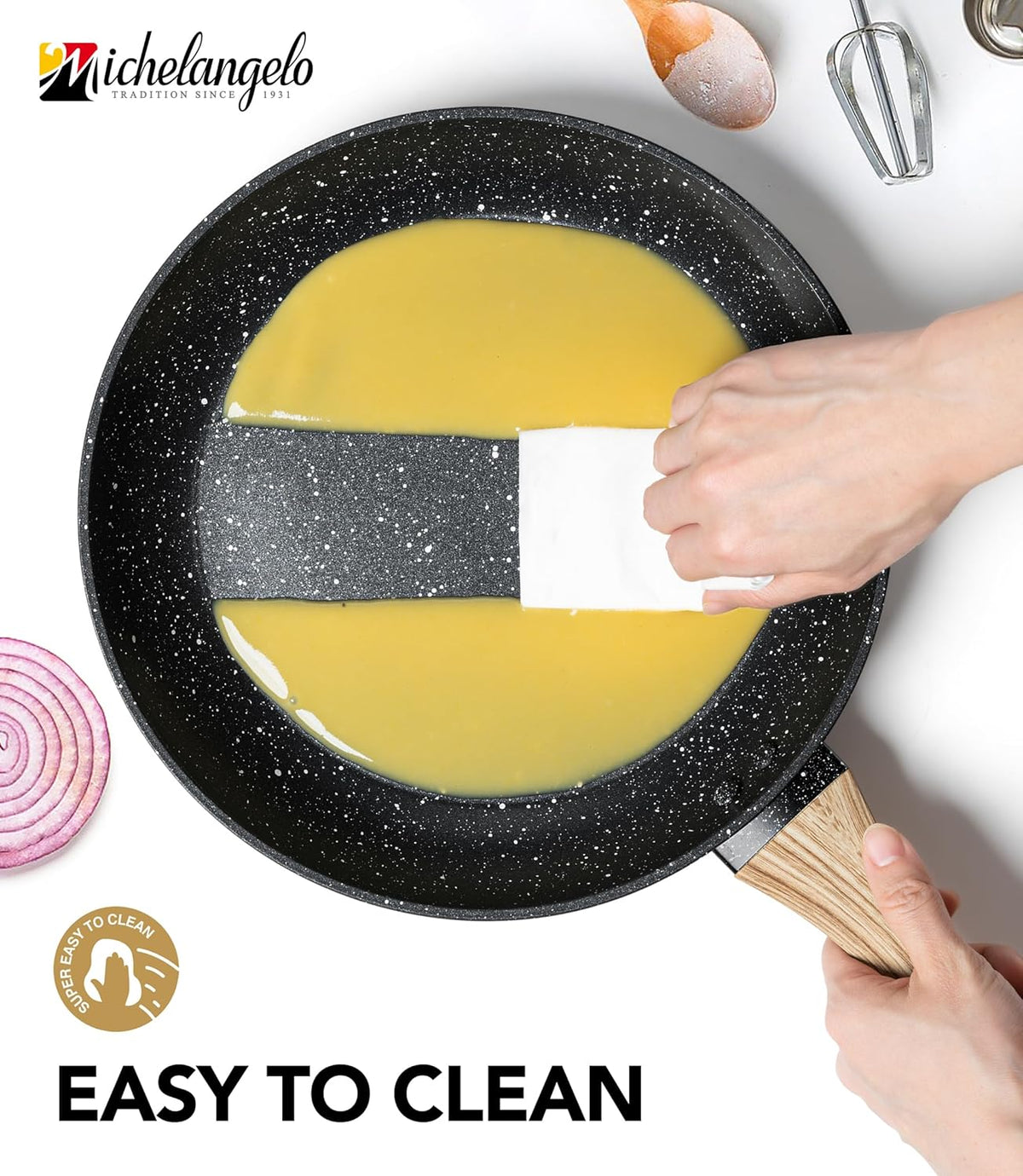 MICHELANGELO 10 Inch Frying Pan with Lid, Nonstick Frying Pan with Healthy Granite Coating, Nonstick Pan with Anti-Scald Handle, Induction Compatible