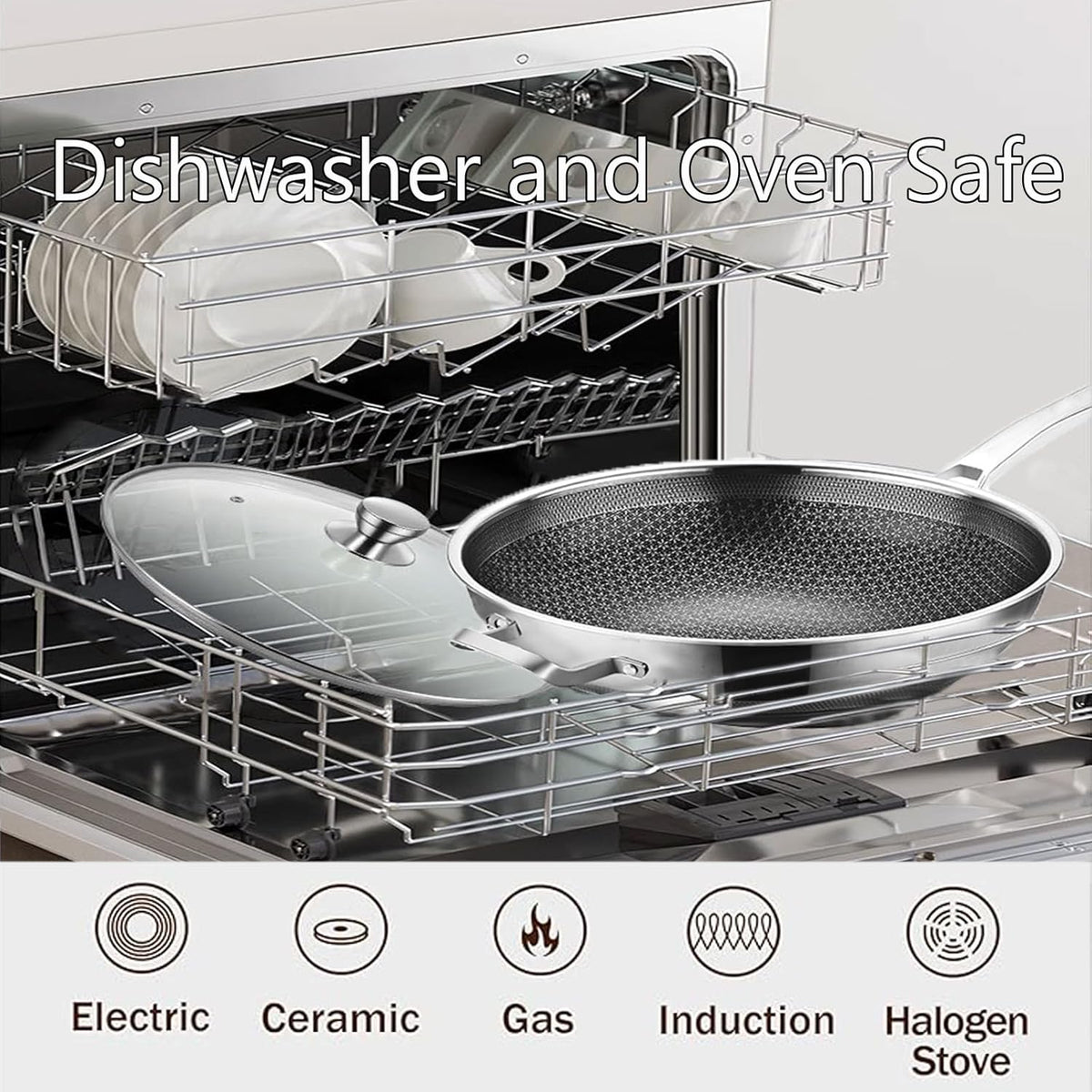 Wok Pan,Hybrid Nonstick 12 Inch Wok with Lid,Induction Non Stick Stainless Steel Large Deep Woks&Stir-Fry Pans,Frying Pan,Stay-Cool Handle Skillets,PFOA Free,12 Inch Wok