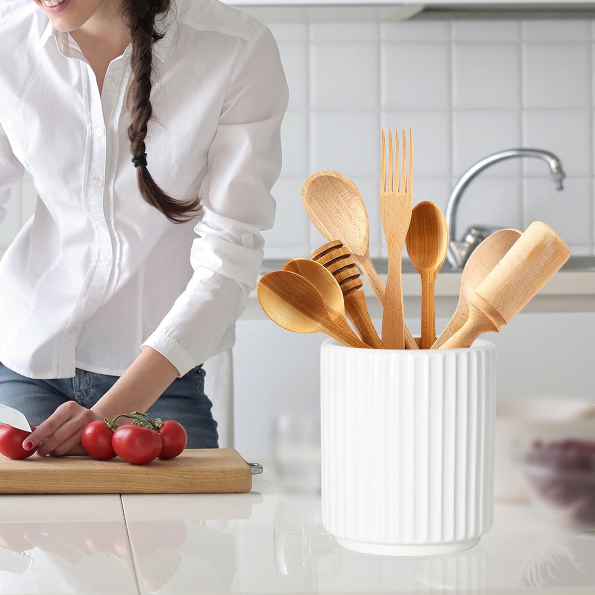 Small Utensil Holder for Kitchen Counter (H5.51” x W4.92”) Ceramic Countertop Utensil Holder for Kitchen Utensils Crock for Countertop Includes Silicone Drying Mat Light Cadetblue