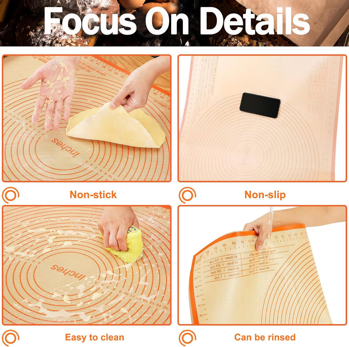 Silicone Pastry Mat 36x24 Inch - Nonstick Baking Mat Perfect for Dough, Pastry, Pie Crust, Fondant, Bread, Cookies, Pasta, Pizza, Kitchen Counter Mats