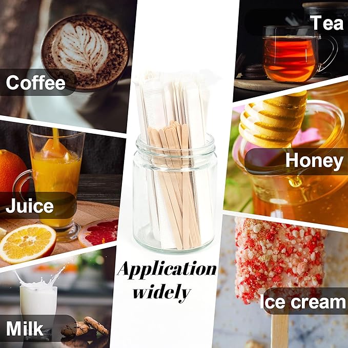 ANTETOK Wooden Coffee Stirrers - Coffee Stir Sticks 5.5 Inch,100pcs Individually Wrapped Disposable Swizzle Sticks,Swizzle Drink Sticks for Coffee,Tea,Cocktail and Hot Chocolate