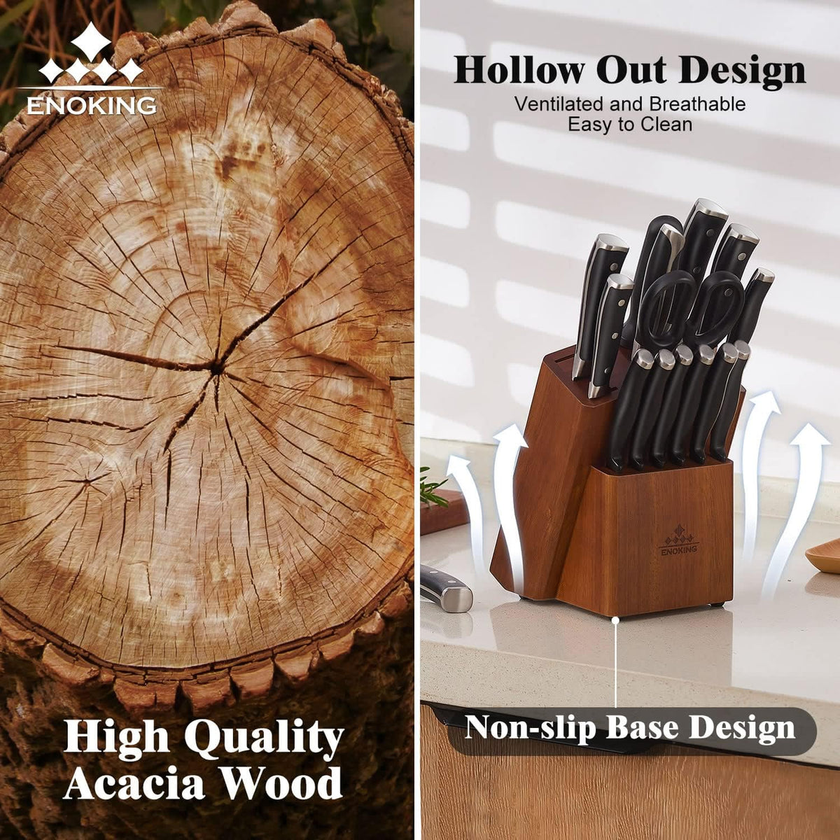 ENOKING 15 Slots Universal Knife Block, Acacia Wood Knife Block without Knives, Knife Holder for Kitchen Counter- Wider Angled Openings for Keeping Knives Sharp