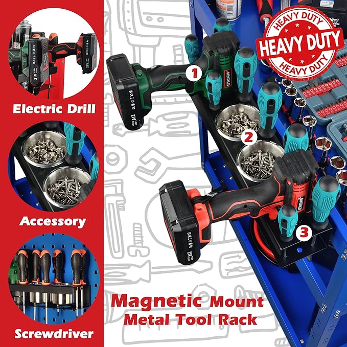 ULIBERMAGNET Power Tool Organizer Rack,Magnetic Heavy Duty Spray Bottle Holder,Wall Mount Metal Tool Rack with Screwdriver,Cordless Drill,Screw,Nail Storage,Utility Rack for Warehouse,Garage,Toolbox