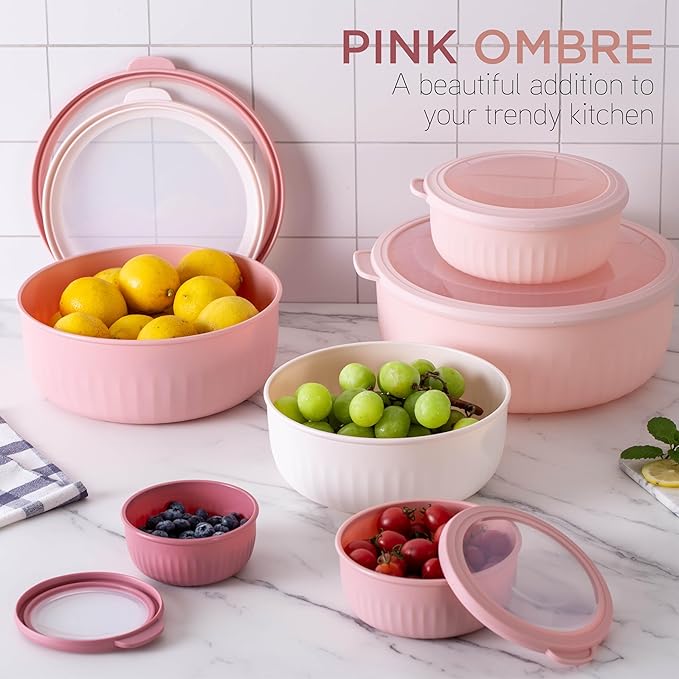 COOK WITH COLOR Prep Bowls with Lids- Wide and Deep Nesting Plastic Small Mixing Bowl Set with Lids, 12 Piece Set - Wide Bowls, Pink