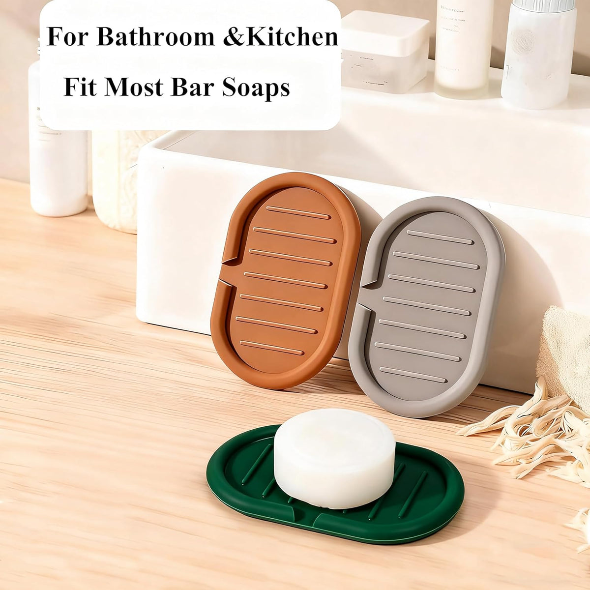 Self-Draining Oval-Shaped Silicone Soap Dish, Soap Holder/Tray/Saver for Shower, Bathroom, Kitchen, Keep Soap Dry, Easy to Clean (3, Dark Color)