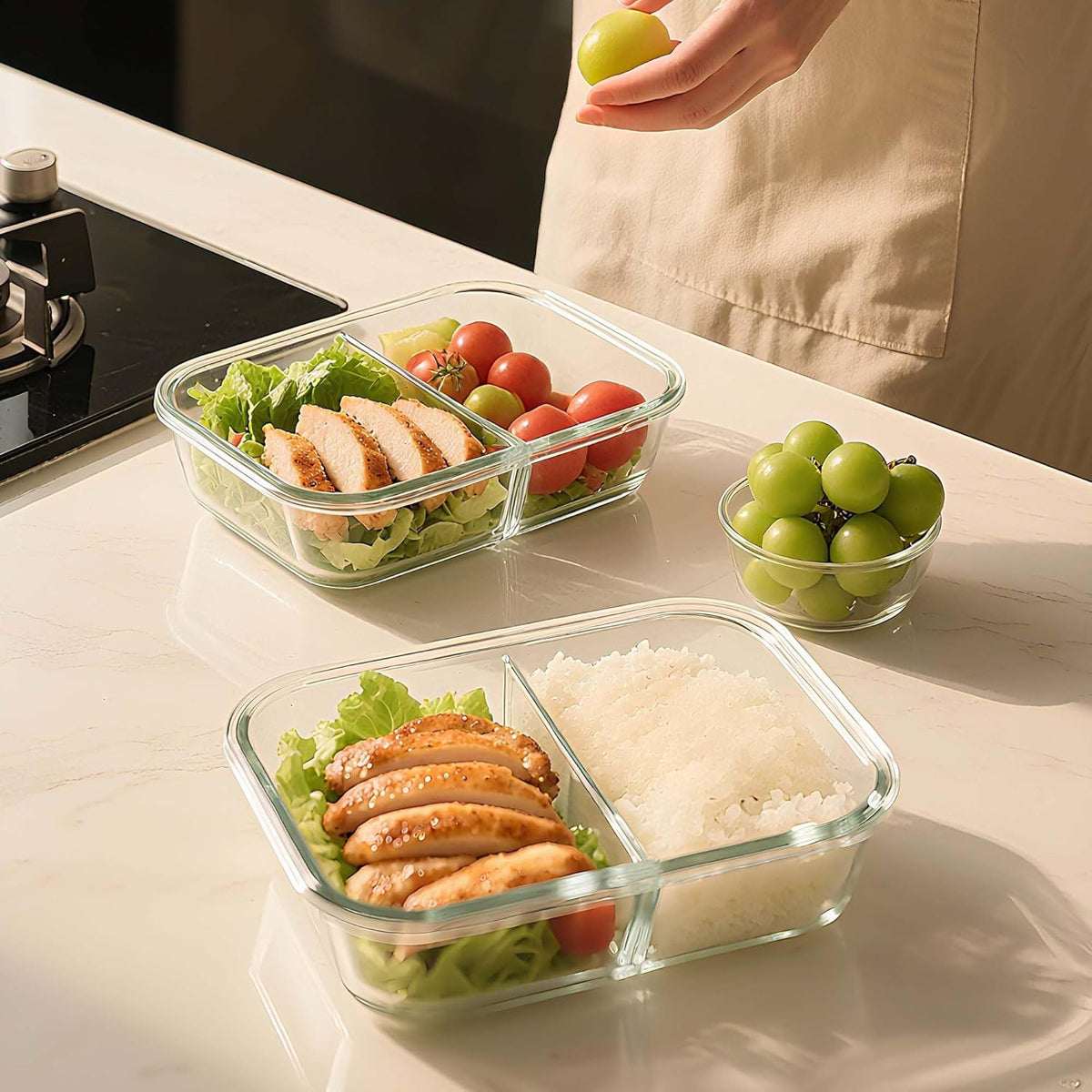 BAYZZ 5 Pack 35 Oz Glass Meal Prep Containers 2 Compartments, Glass Storage Containers with Lids, Airtight Lunch Bento Boxes, BPA-Free, Microwave and Freezer Safe,Green