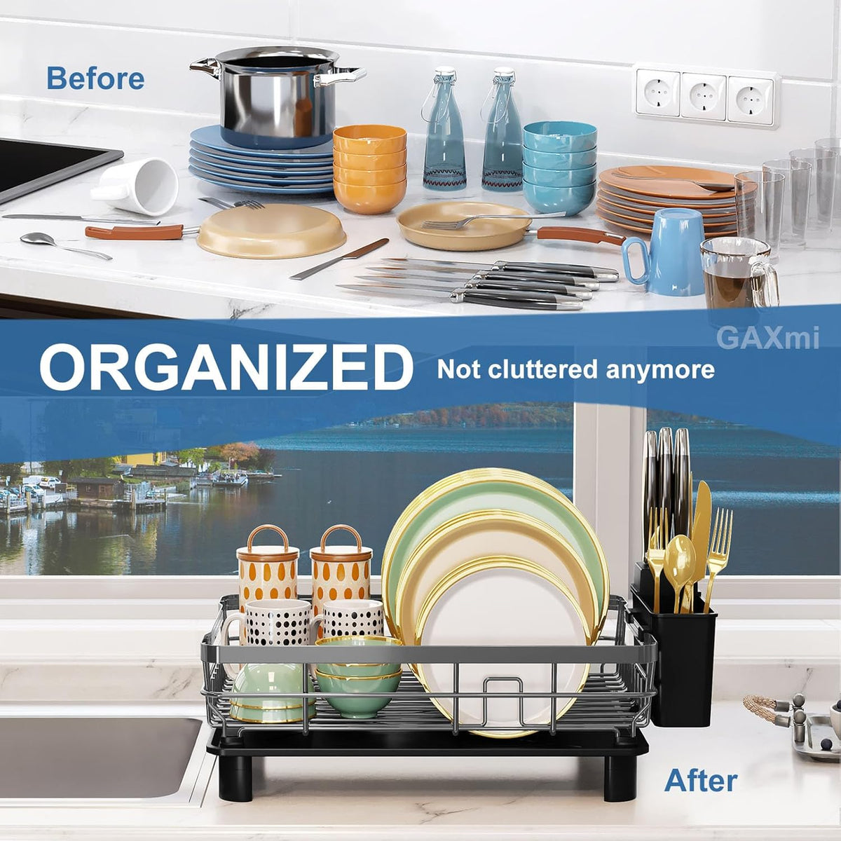 GAXmi Dish Drying Rack Over The Sink Drainer with Drainboard Utensil Holder, 1-Tier Grey