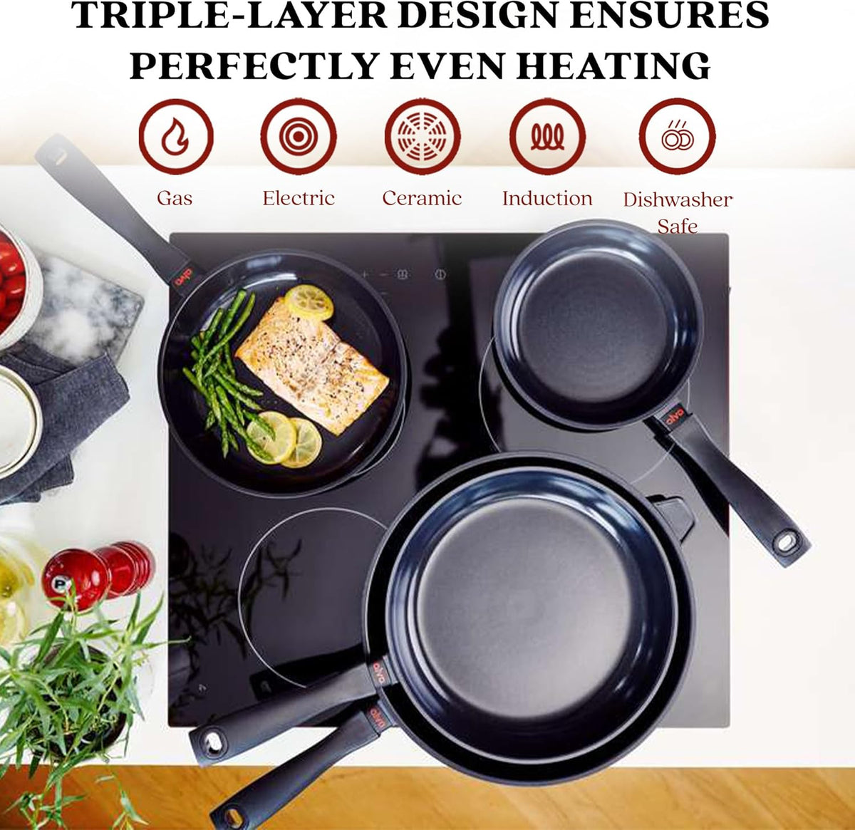 Alva Energy 12.6″ Non‑Toxic Ceramic Frying Pan – PFAS/PTFE‑Free, Induction‑Safe Recycled Aluminum – Fast, Even Heat with Stay‑Cool Handle, Lightweight for Everyday Cooking