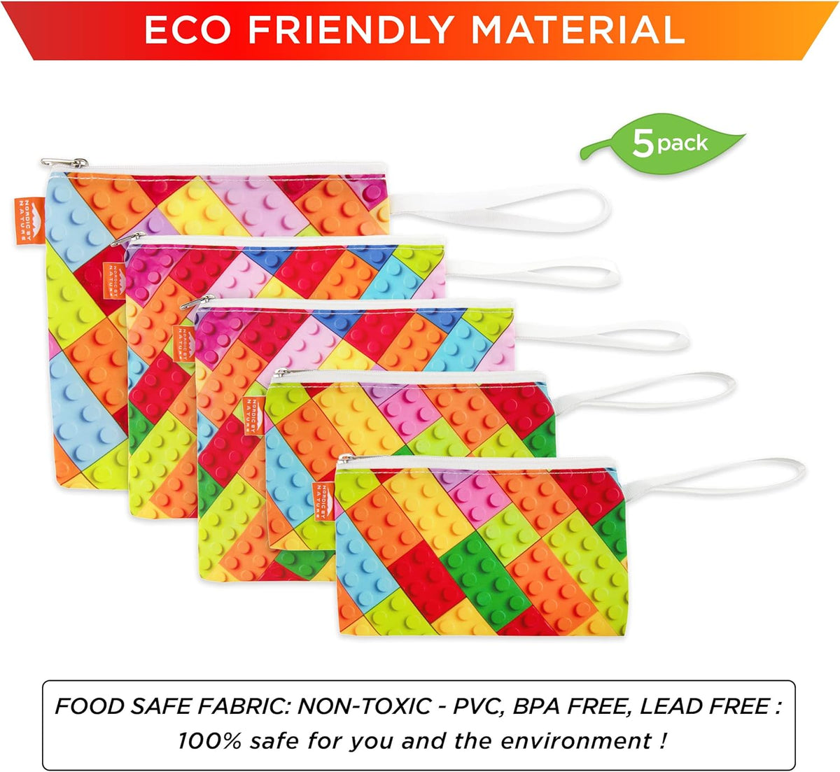 Nordic By Nature Reusable Sandwich Bag Snack Bags - Value Pack of 5 Dual Layer Lunch Baggies - Dishwasher Safe - Eco Friendly Cloth Wraps - Easy Open Zipper (Color Blocks)