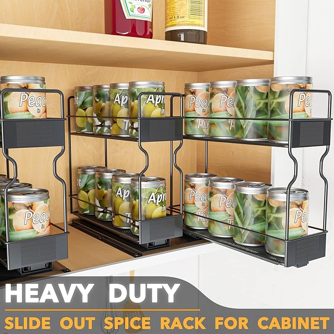 SpaceAid Pull Out Spice Rack Organizer for Cabinet, Heavy Duty Slide Out Seasoning Kitchen Organizer, Cabinet Organizer, with Labels, 7.7" W x10.75 D x10 H, 2 Drawers 2-Tier