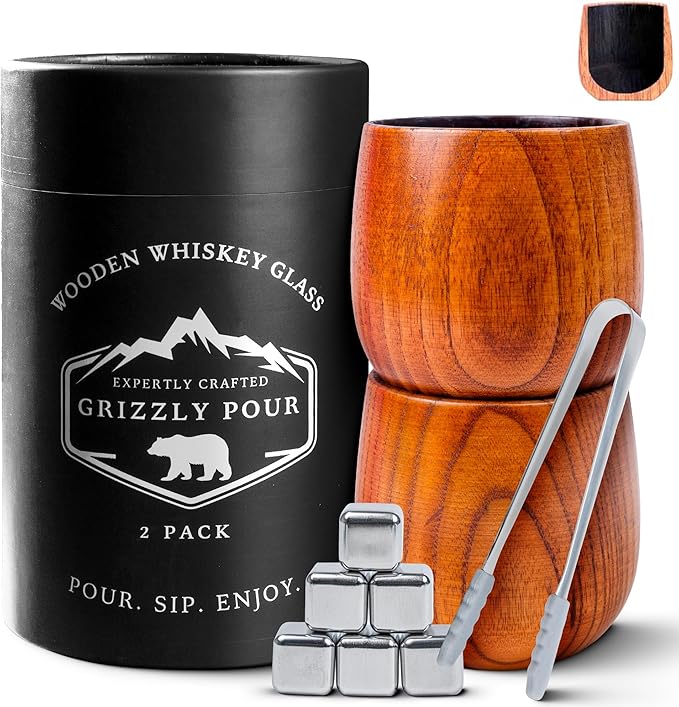 Premium Charred Wooden Whiskey Bourbon Drinking Glasses | Whisky Gifts for Men, Dad, or Brother | Handcrafted Old Fashioned Glasses Tumblers with 6 Stainless Steel Ice Cubes and Tongs | Set of 2