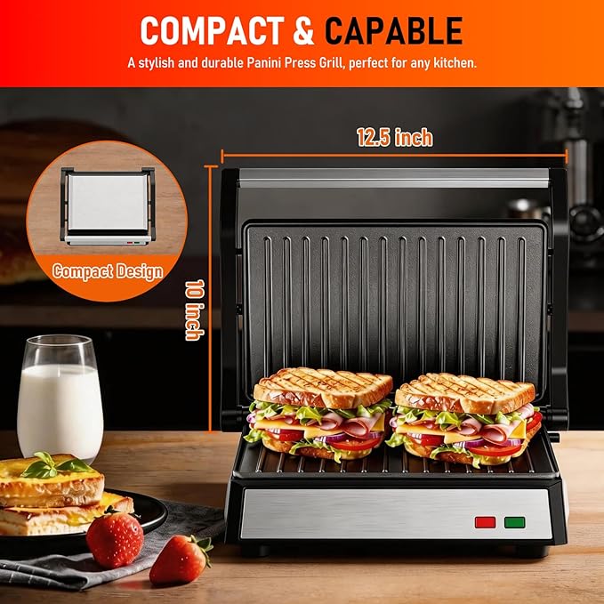 Panini Press Grill, 1200W Sandwich Maker with Non-Stick Plates, Standard 2-Slice Sandwich Press Electric Indoor Grill, Opens 180° to Fit Any Size of Food, Removable Drip Tray, Stainless Steel, Sliver