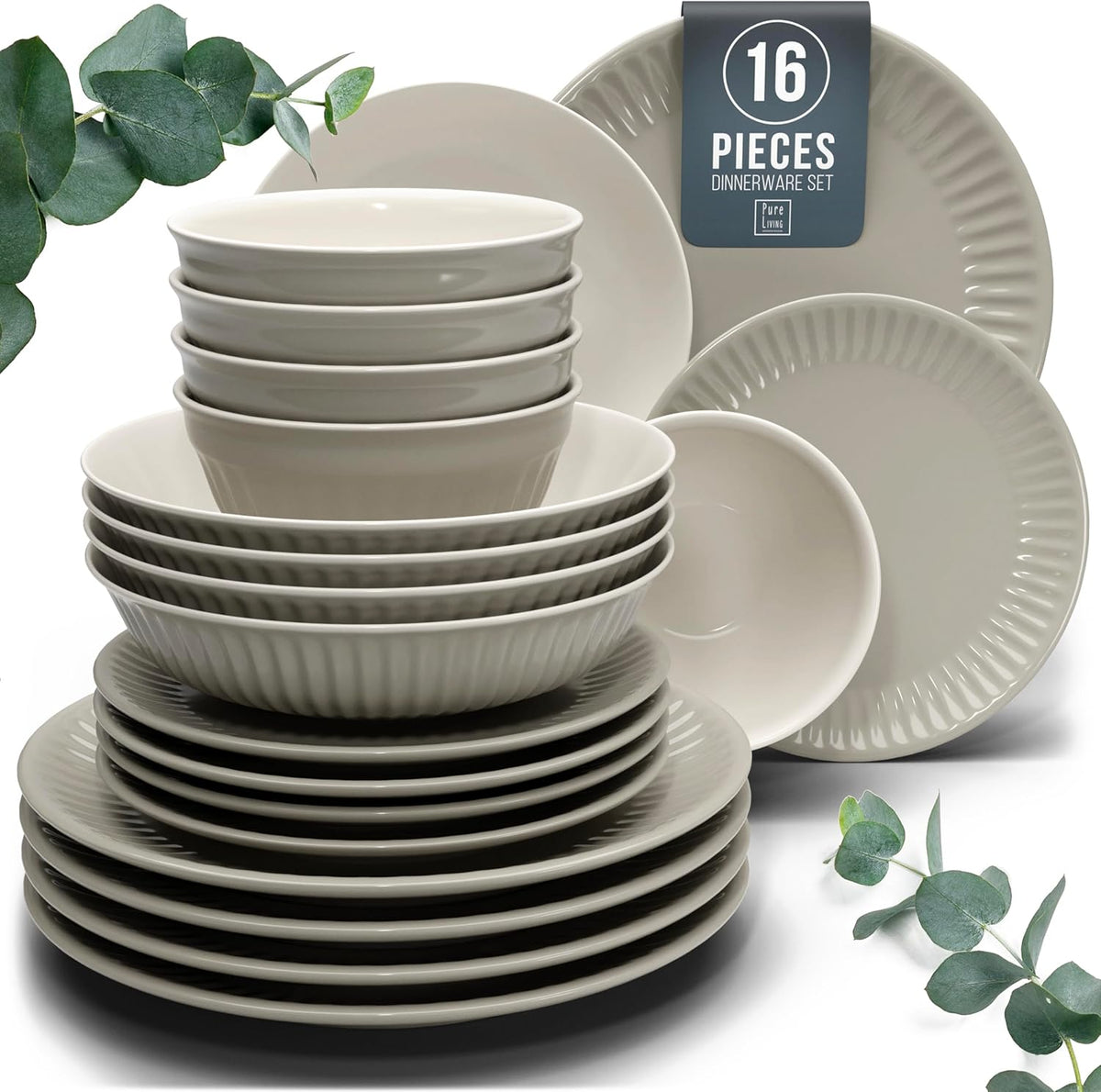 Stoneware Dinnerware Set for 4 People HYGGE 16-Piece - Elegant Scandi Design - Premium Dish Set - Bowl and Plate Set - Tableware for 4 People in a Ribbed Design - Pure Living in Light Brown