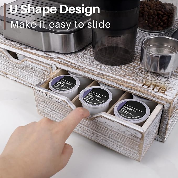 HTB K Cup Holder Compatible with K Cups, Coffee Pod Holder Holds Up 30 Cups, K Cup Organizer Storage Drawer Wood K Cup Drawer Vintage White